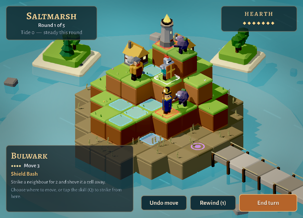 Causeway: three wardens defend a lit low-poly island while the Hollow approach
