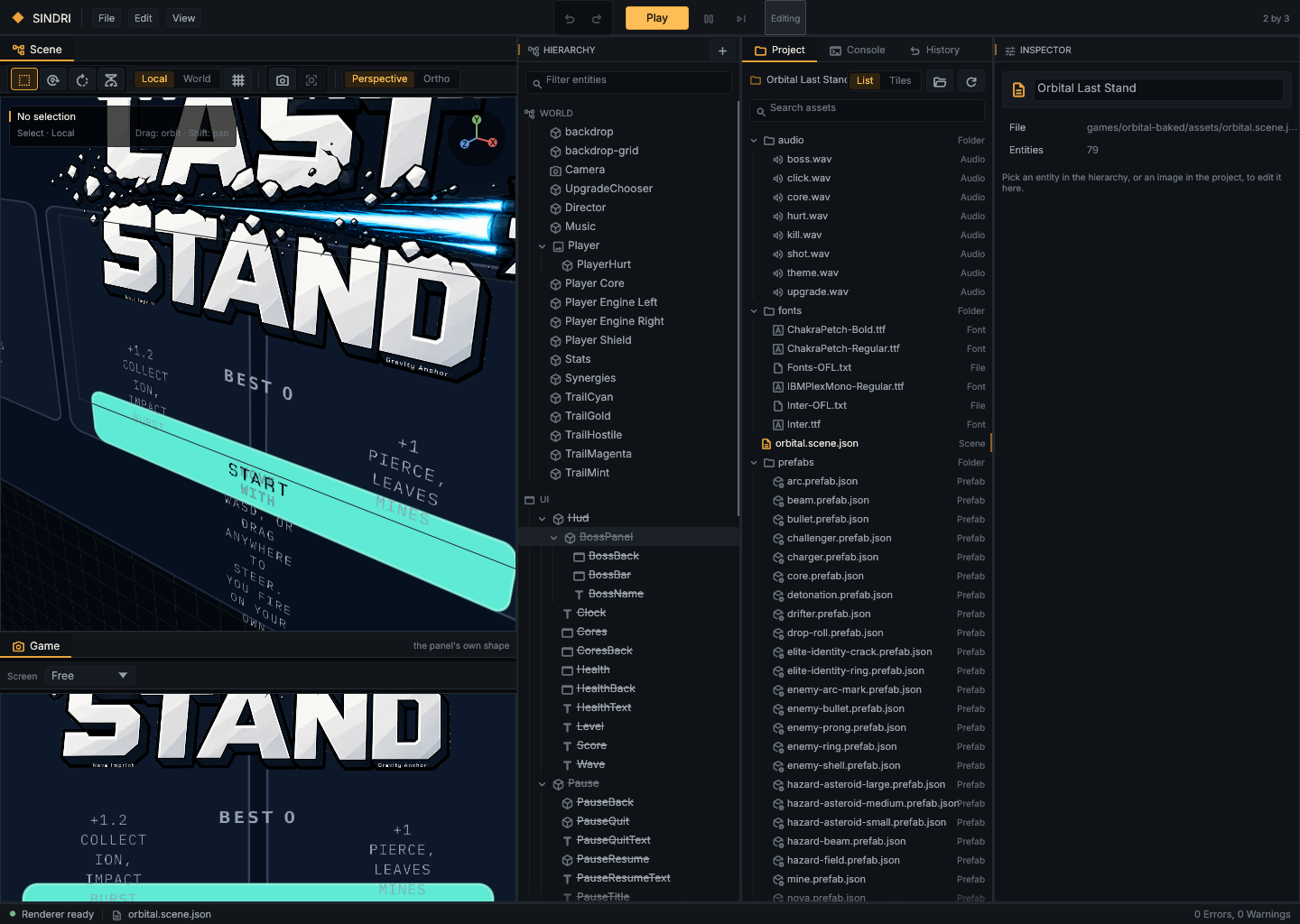 The Sindri editor with the Orbital Last Stand scene open